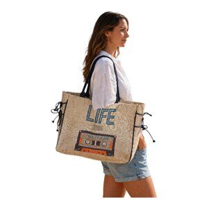 Life Is A Mixtape Burlap Tote Bag Jute Retro Earthy Natural Boho